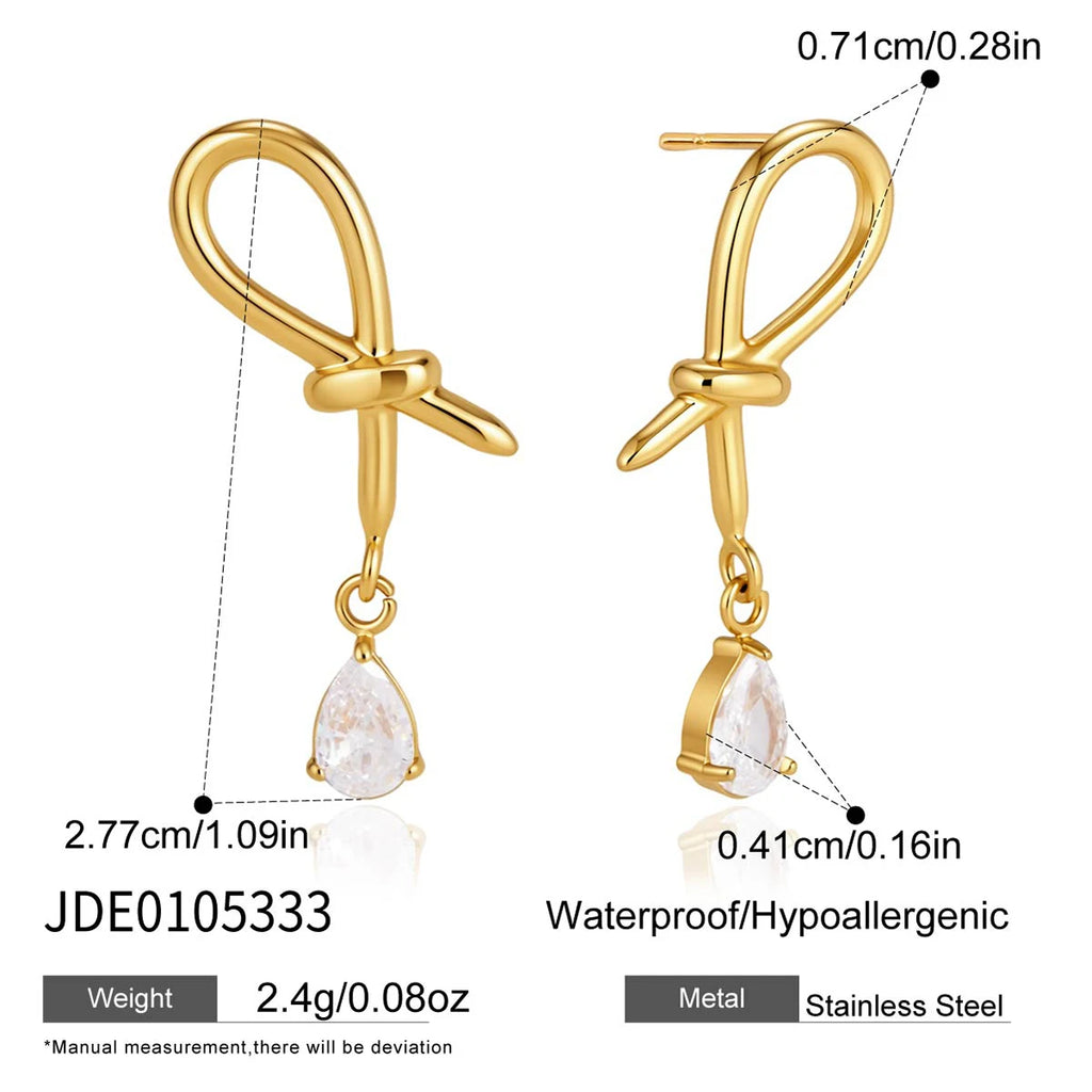 KIKA Water Drop Zircon Pendant Knotted Earrings Minimalist 18K Gold Plated Stainless Steel 316L