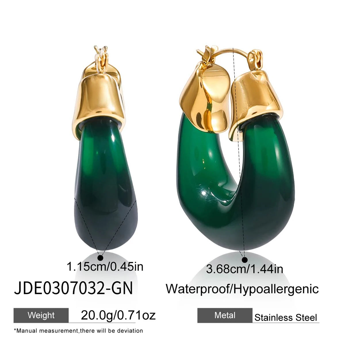 Kika Vintage 18K Gold Color Stainless Steel Autumn Winter Dark Green Resin Large-Sized Chubby U-shaped Earrings
