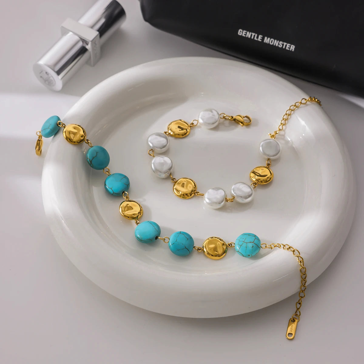 KIKA Vintage 18K Gold Color Plated Stainless Steel Turquoise Coin Round Bracelet  Stackable Pearl Bracelet