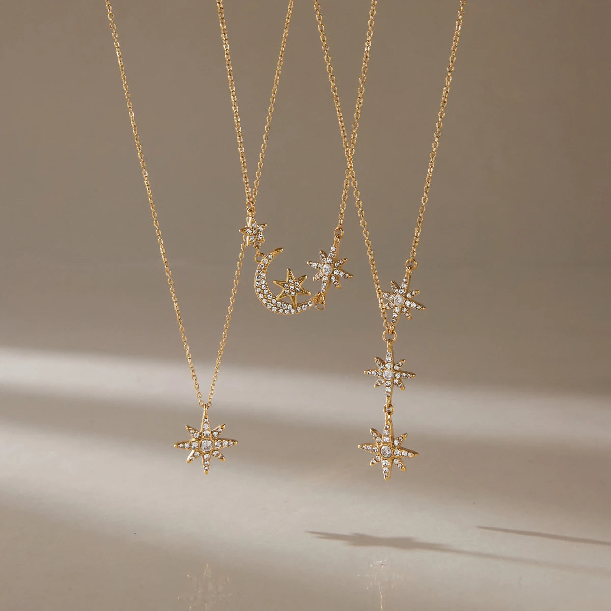 Kika Classic Crystal Moon Star Pendant Necklace Minimalist 18K Gold Plated Stainless Steel 316L
