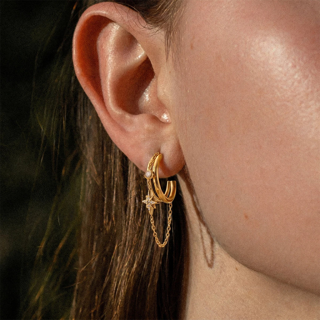 Kika Crystal Star Short Chain Tassel Earrings 18K Gold Plated Stainless Steel 316L