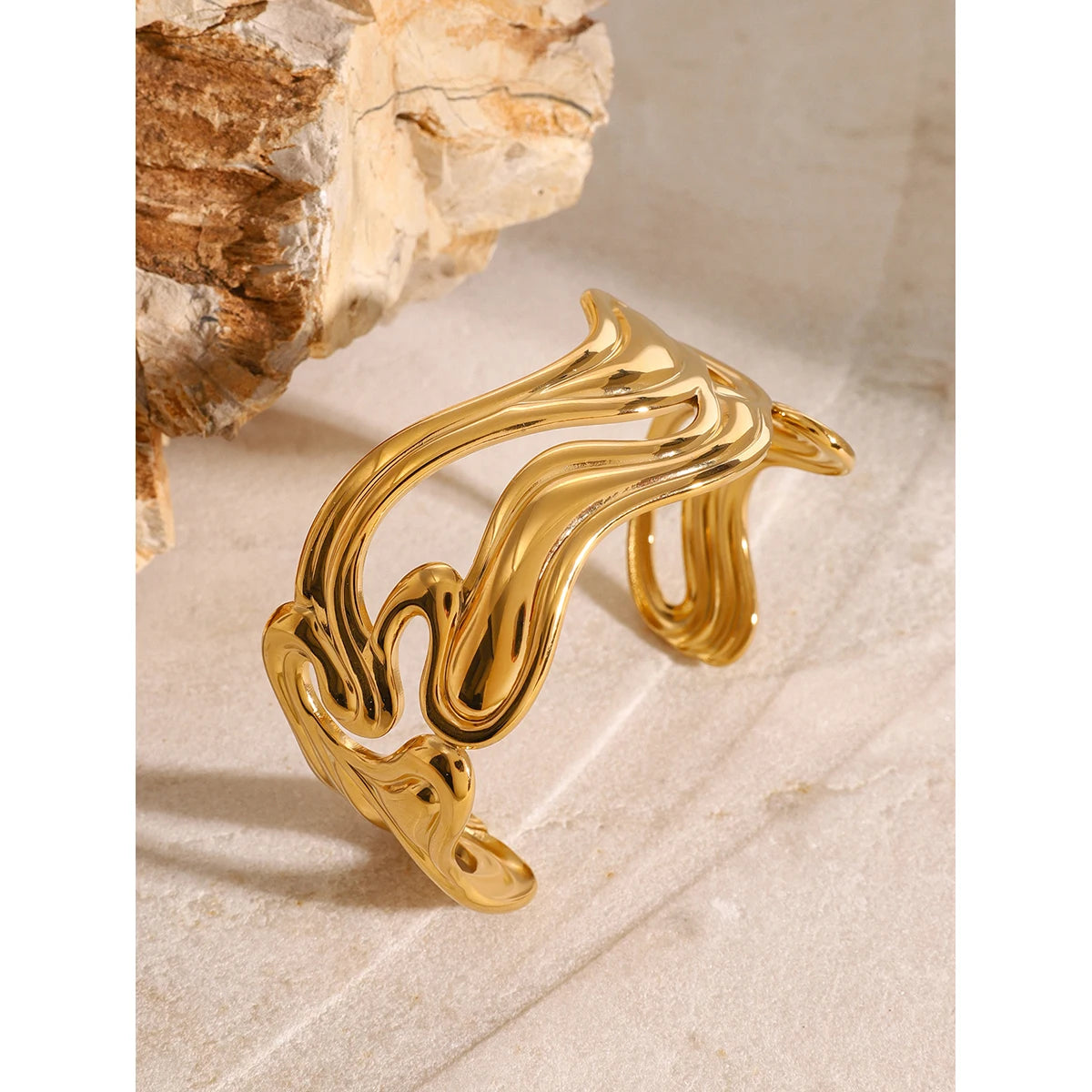 KIKA Waterproof 316l Stainless Steel Irregular Exaggerated Big Cuff Bracelet Bangle Stylish Unique Design Golden Charm