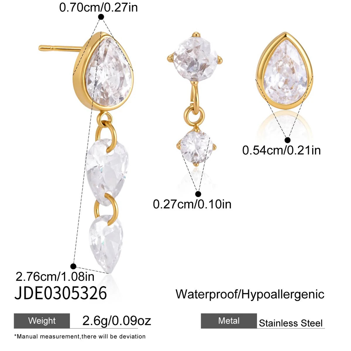 Kika 3 Pcs/Set Delicate Zircon Earrings For Women Minimalist 18K Gold PVD Plated Stainless Steel 316L