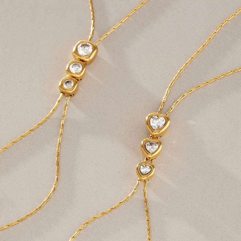 KIKA Round Heart Zircon Adjustable Long Chain Necklace For Women 18K Gold PVD Plated Stainless Steel 316L