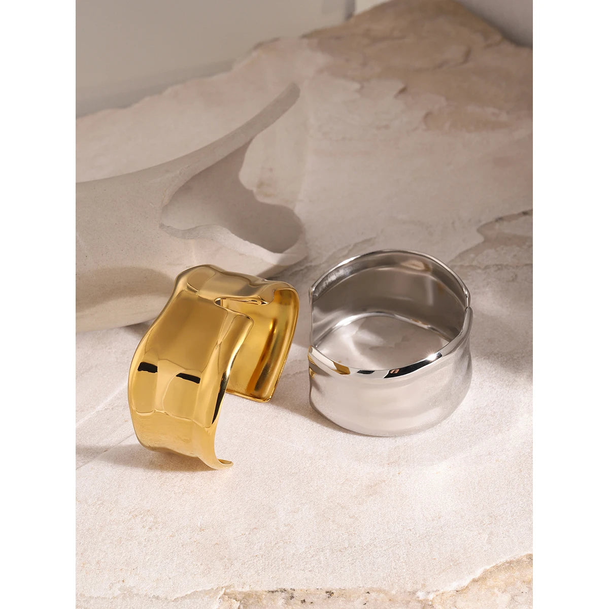 Kika Waterproof 18K Gold Color Stainless Steel Irregular Geometric Open Cuff Bracelet Bangle