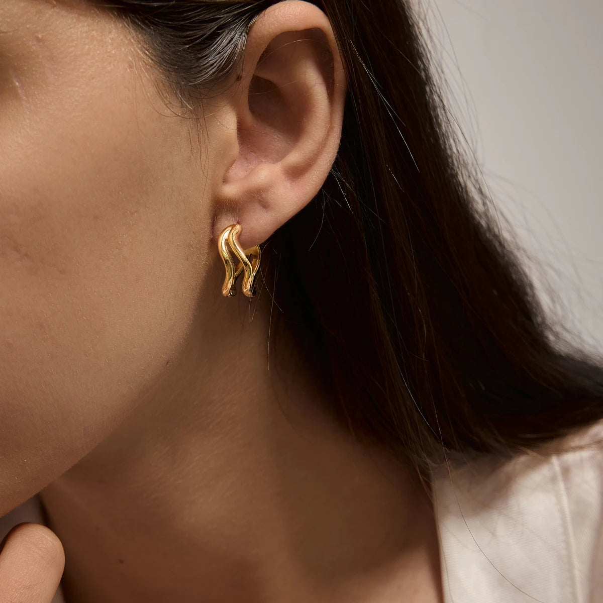 Kika Double Layer Wave Shape Clip Earrings 18K Gold PVD Plated Stainless Steel 316L