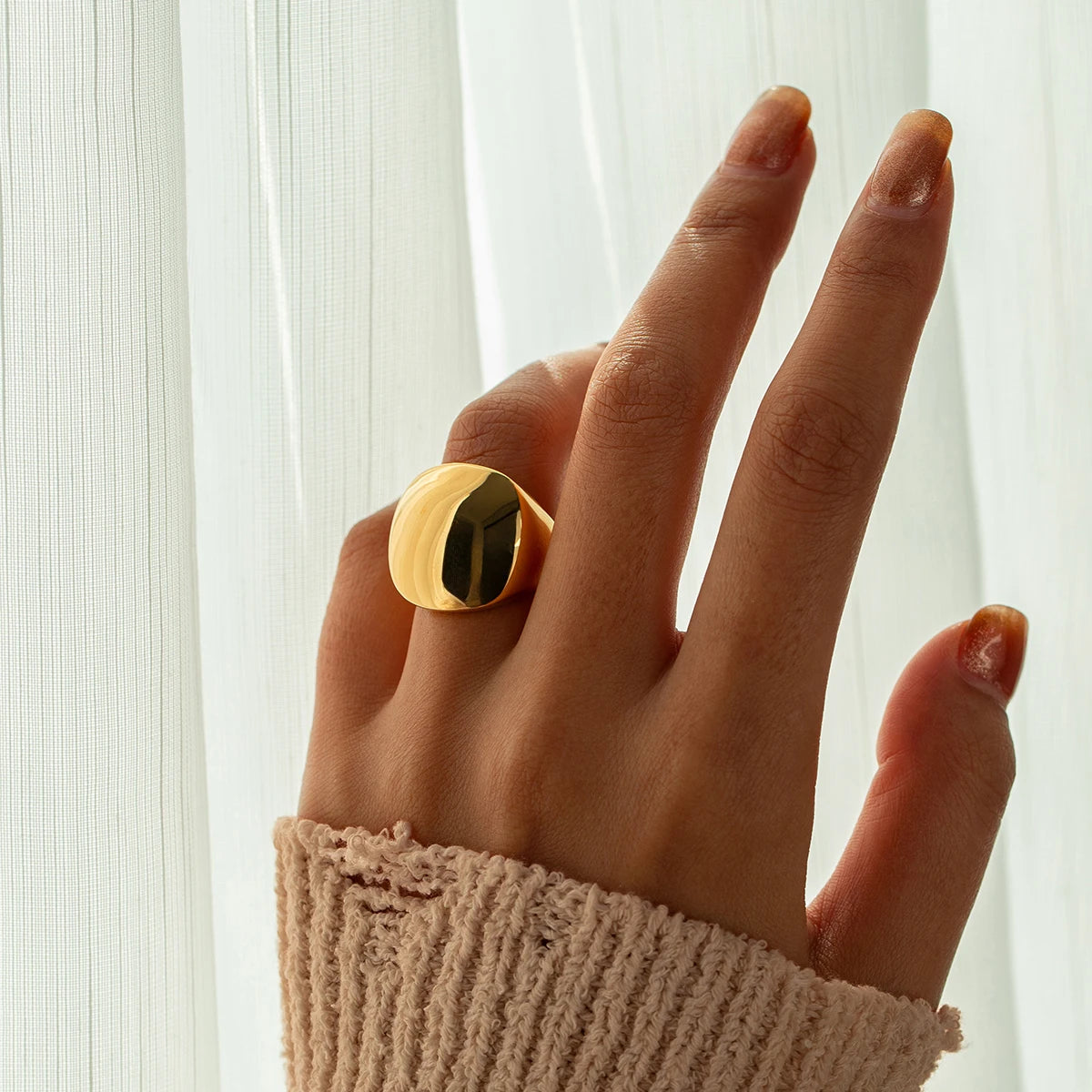 Kika Minimalist Gold Color Stainless Steel Cast Waterproof Trendy Ring Women Fashion Textured High Quality Geometry Jewelry