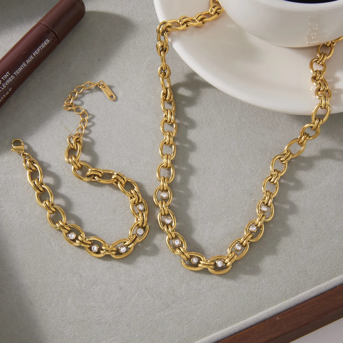 KIka Delicate Zircon Chunky Chain Necklace Bracelet
