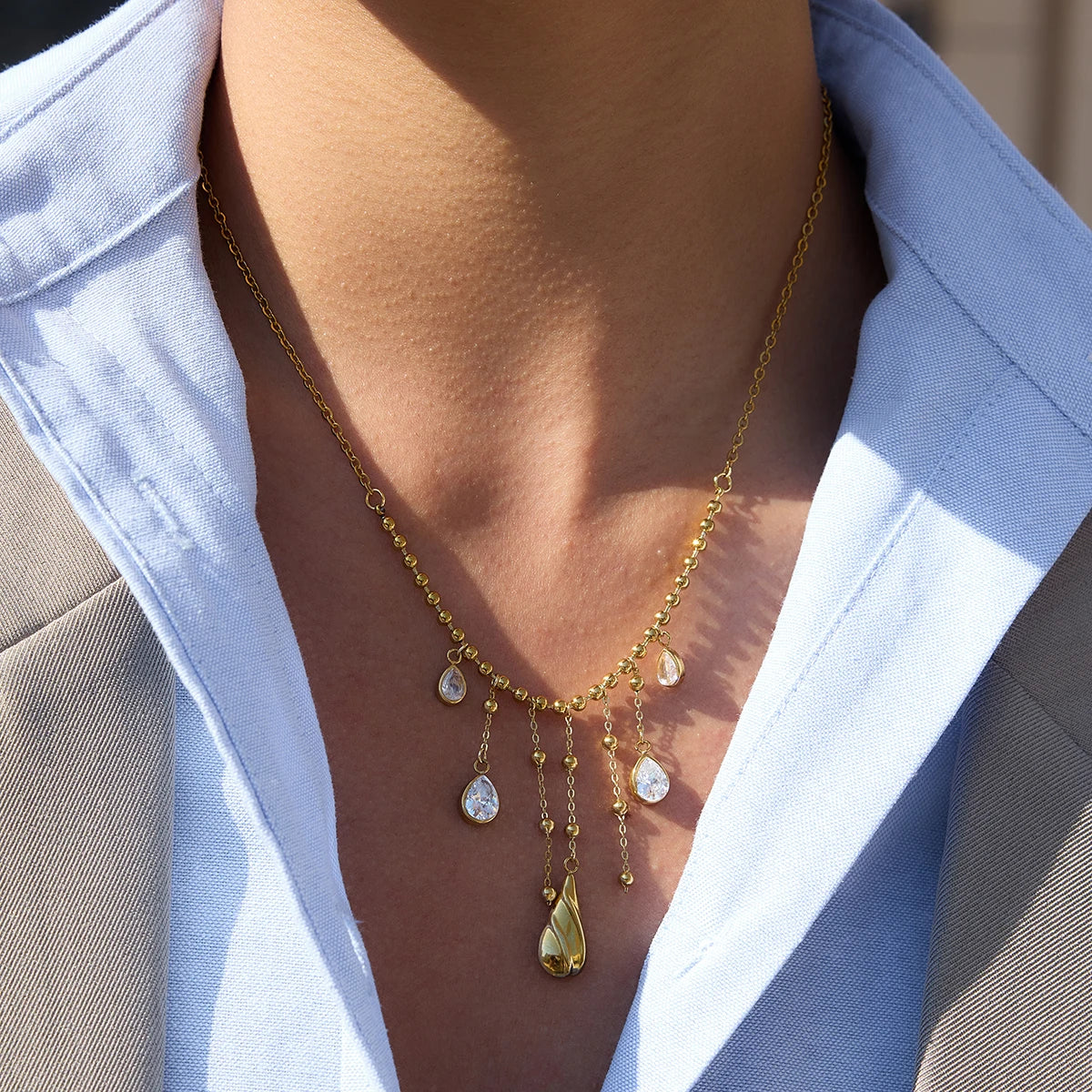 Kika Vintage Drop-Shaped Zircon Tassel Pendant O-Chain Necklace