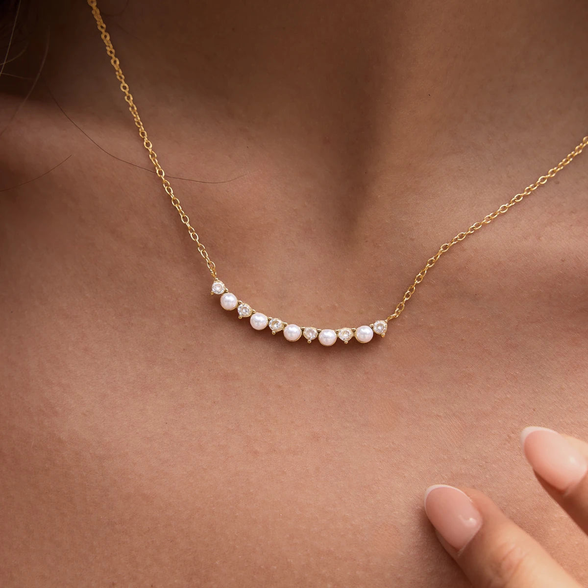 Kika Elegant Zircon Imitation Pearl Smile Shape Pendant Necklace PVD Plated Stainless Steel 316L