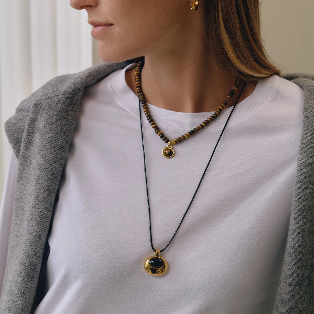 KIKA Black Agate Stone Pendant Long Rope Chain Necklace For Women 18K Gold PVD Plated Stainless Steel Necklace Fashion Jewelry