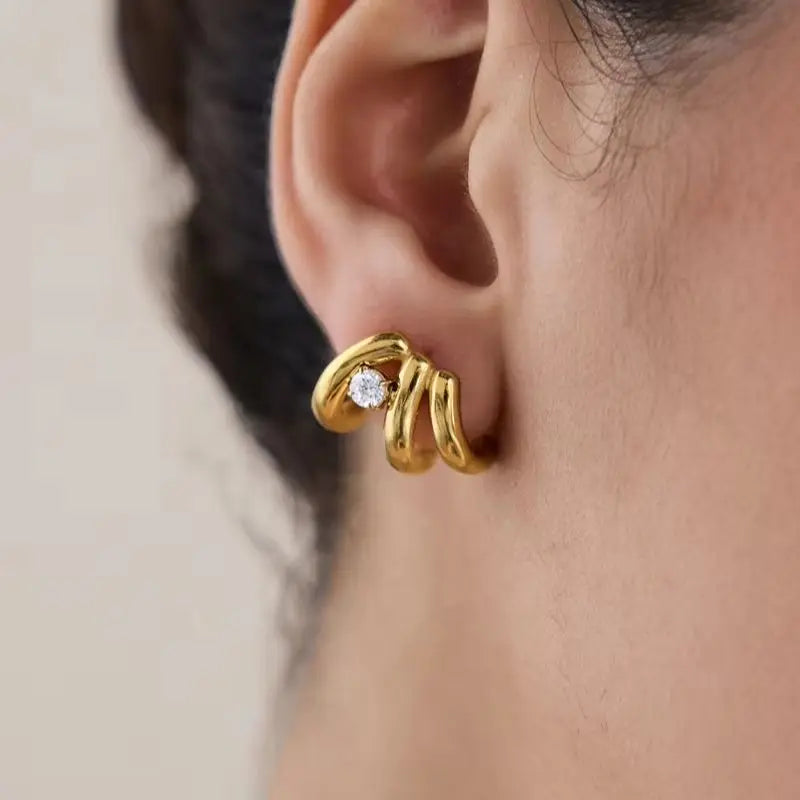KIKA Round Zircon Multilayer C Shape Stud Earrings For Women 18K Gold PVD Plated Stainless Steel Earrings Fashion Jewelry Gift
