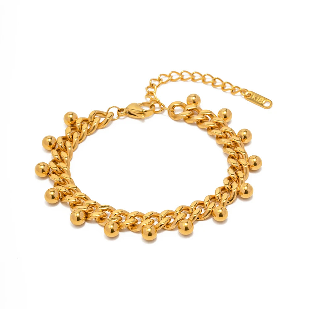 Kika INS 18K Gold Plated Plated Stainless Steel Jewelry Width Cuban Chain Bead Tassel Bracelet
