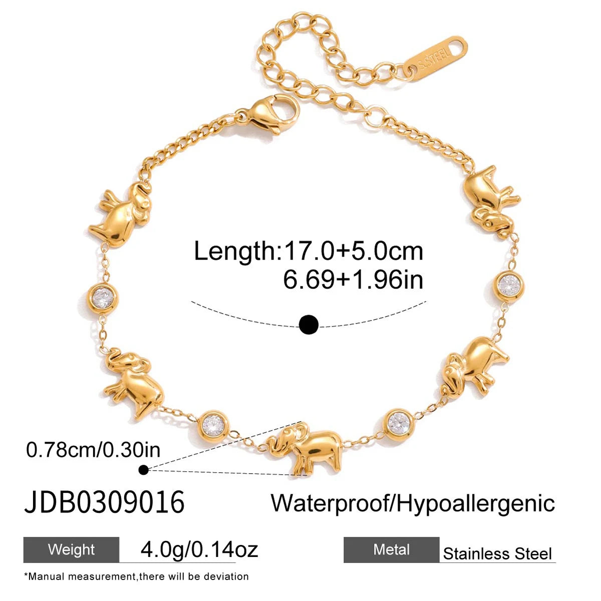 KIKA Vintage White Zircon Elephant Animal Bracelet 18K Stainless Steel 316L  Gold Color Stackable Chain Bracelet