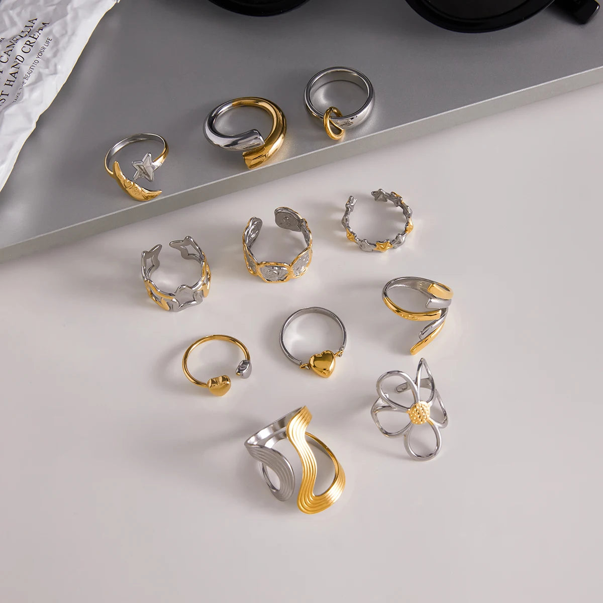 KIKA Minimalist Stainless Steel 3216L Two tone Hollow Flower Ring Stackable Texture Ring