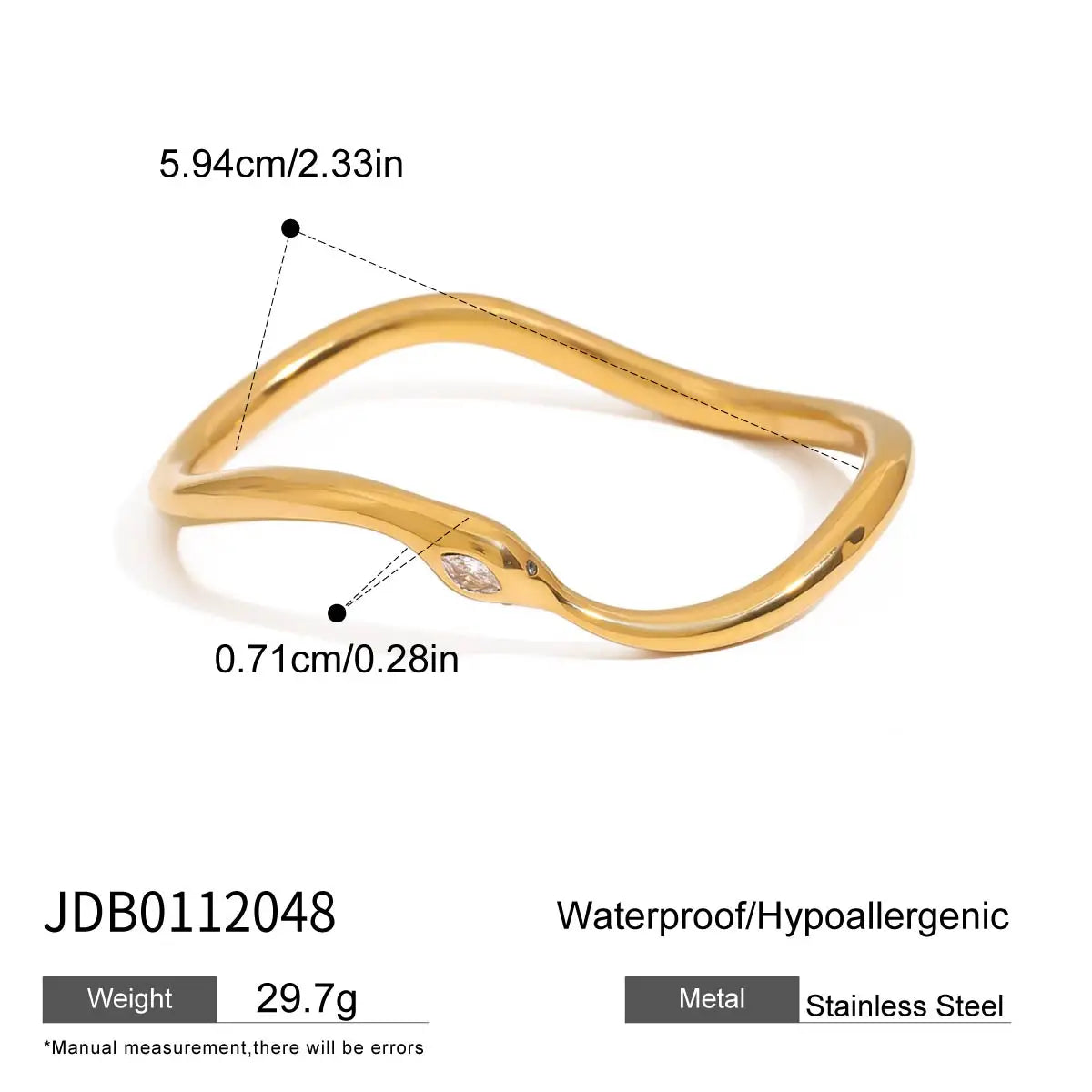 KIKA Minimalist White Zircon Spirit Snake Bracelet 18K Gold Color PVD Plated Stainless Steel 316L Irregular Bracelet
