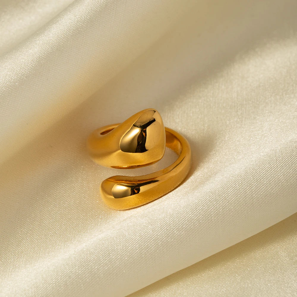 Kika 18k Gold Plated Stainless Steel Water Drop Glossy Open Cross Ring Metal Texture Waterproof Daily Stylish Golden Jewelry