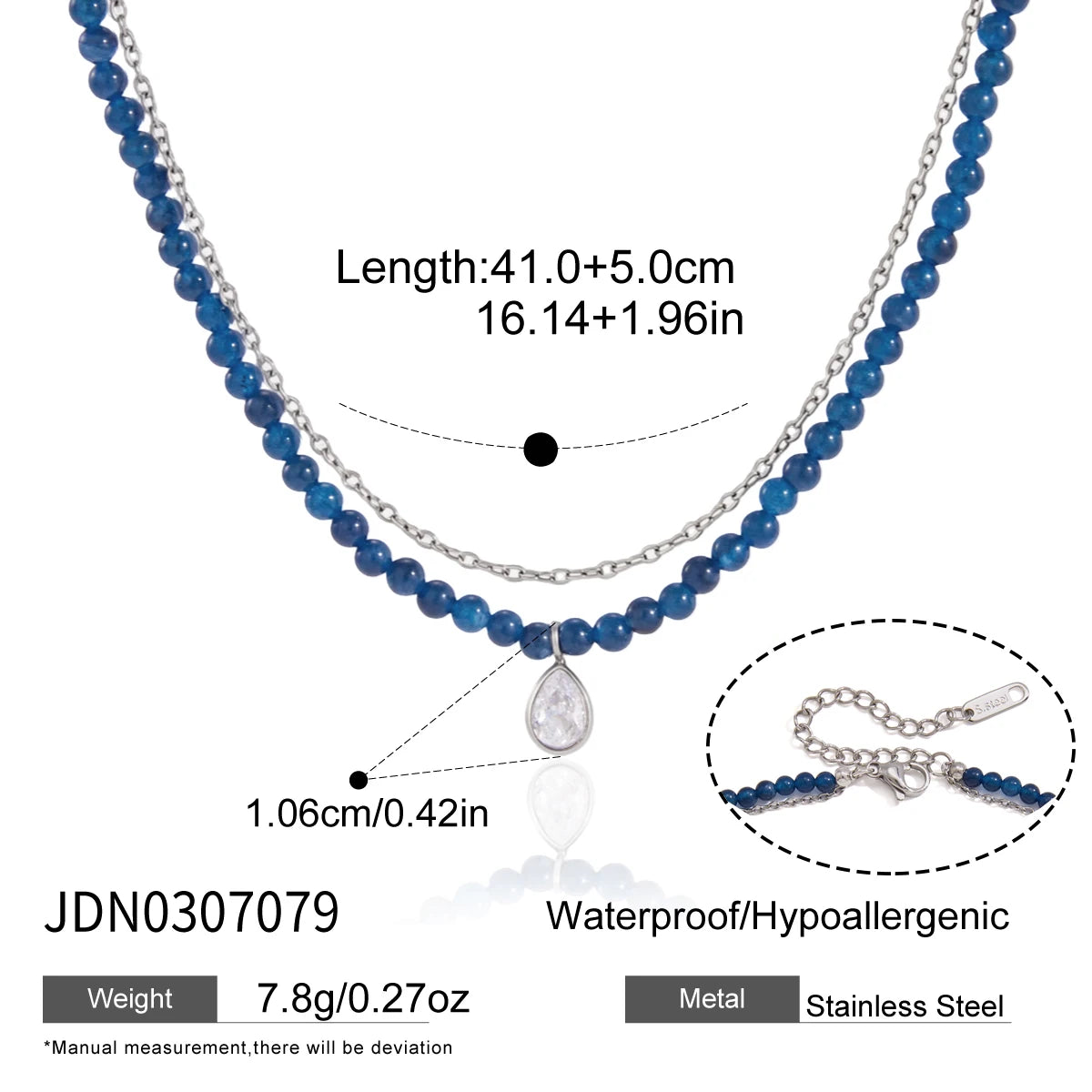 KIKA Water Drop Zircon Pendant Blue Natural Stone Bead Necklace  Delicate Stainless Steel 316L