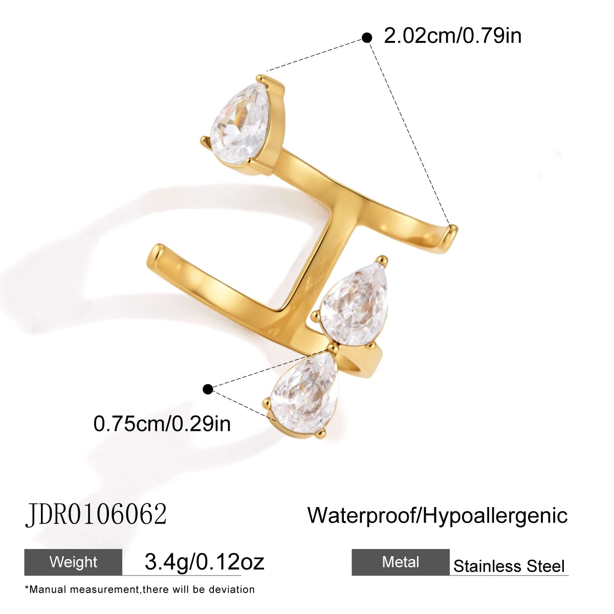 Kika Classic Water Drop Zircon Open Rings Minimalist 18K Gold PVD Plated Stainless Steel 316L