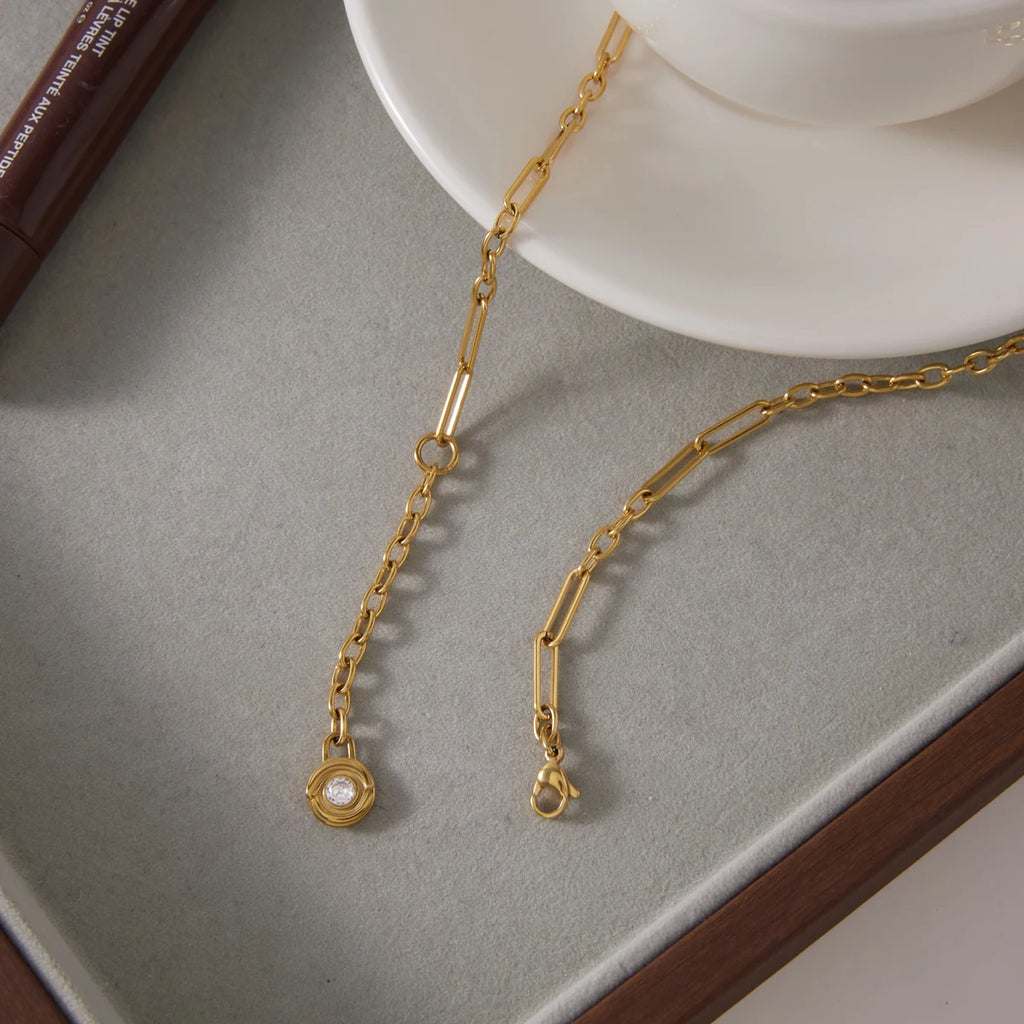 Kika Round Zircon Lock Pendant Y Shape Chain Necklace