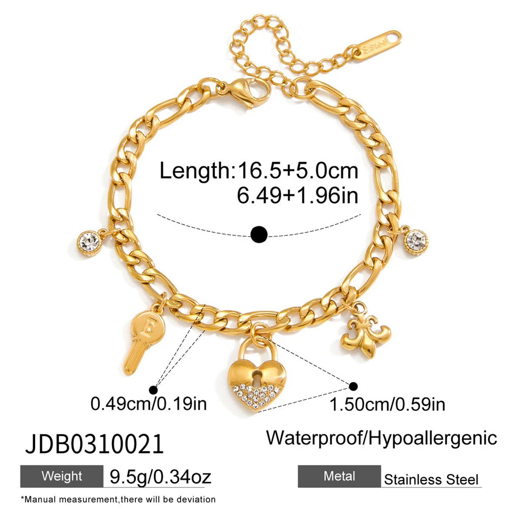 Kika White Rhinestone Star Heart-Shaped Hollow Lock Moon Pendant Bracelet