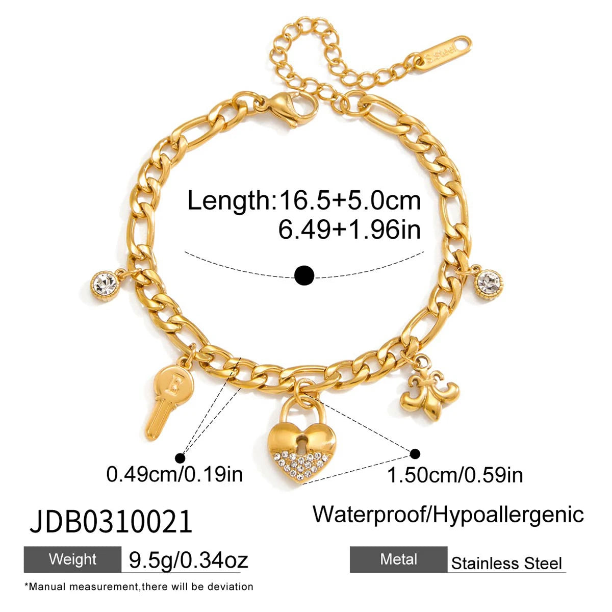 Kika White Rhinestone Star Heart-Shaped Hollow Lock Moon Pendant Bracelet