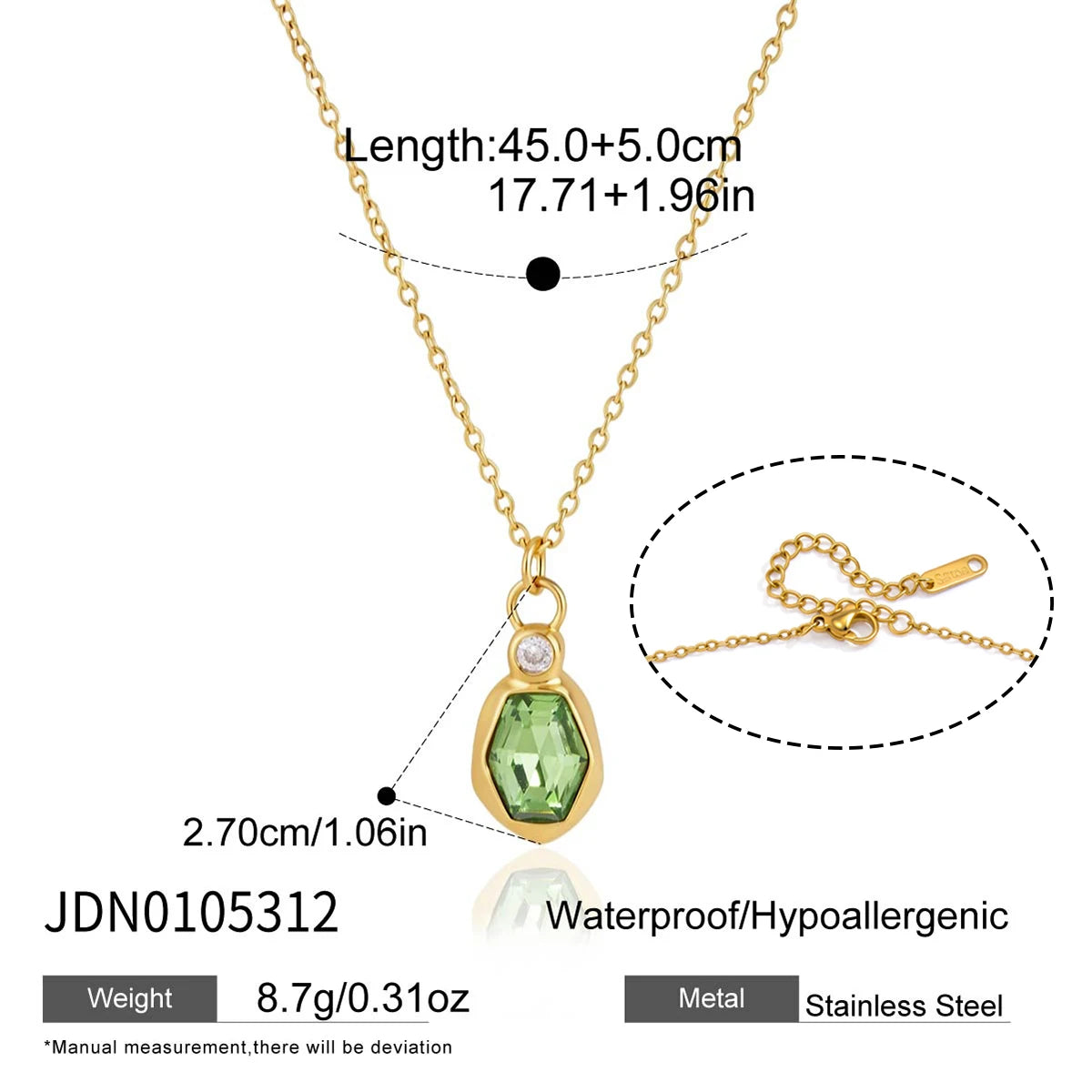 KIKA Elegant Glass Stone Pendant Necklace PVD Gold Plated Stainless Steel 316Lft