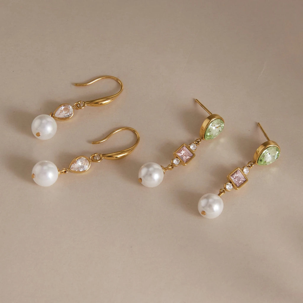 Kika Elegant Imitation Pearl Crystal Drop Earrings For Women 18K Gold PVD Plated Stainless Steel 316L
