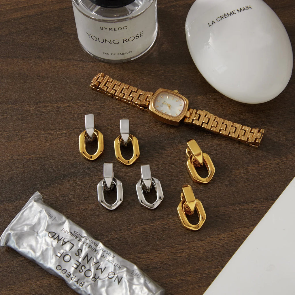 Kika  Delicate Blocked Smooth Geometric Double Ring Pendant Earrings