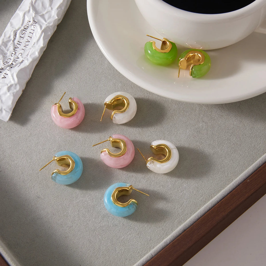 Kika Summer Blue Pink Colorful Resin Irregular C-ring Earrings