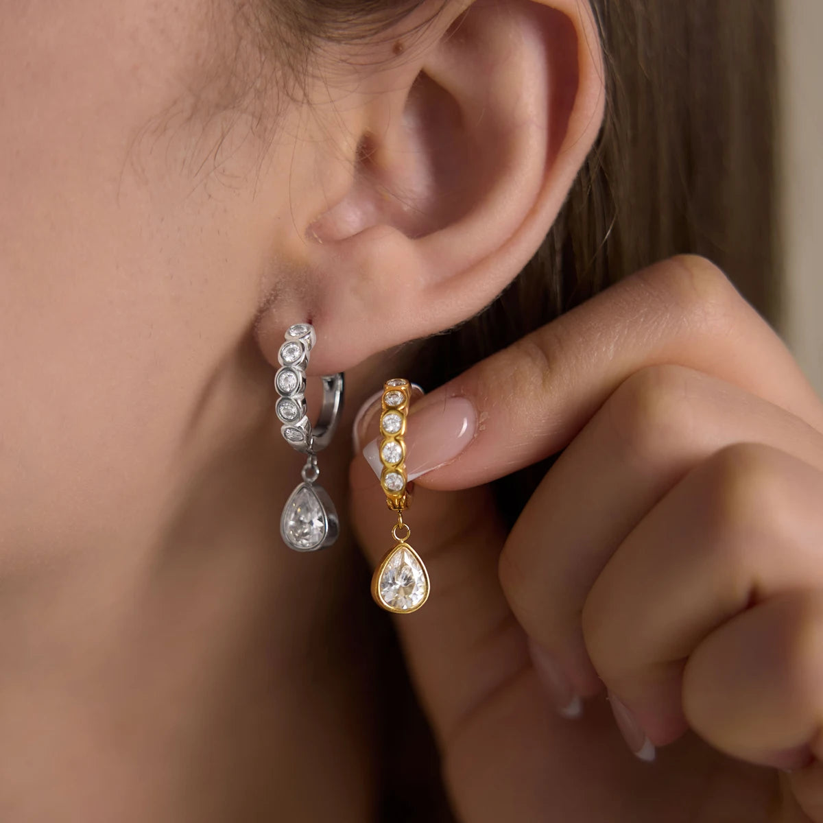 KIKA Delicate Round Water Drop Zircon Earrings PVD Plated Stainless Steel 316L