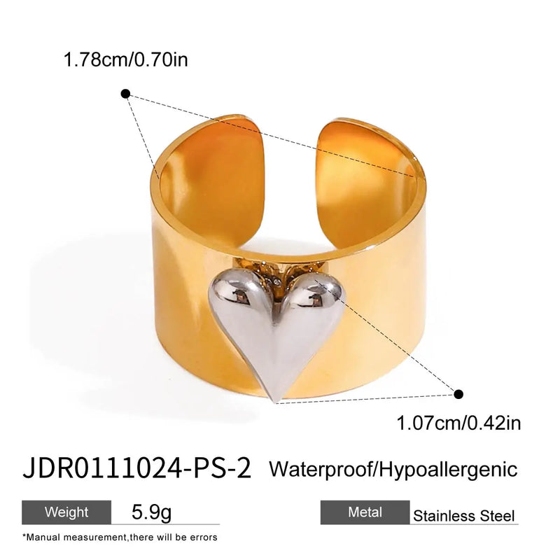 Kika Minimalism Gold And Silver Color Large Heart Cocktail Ring