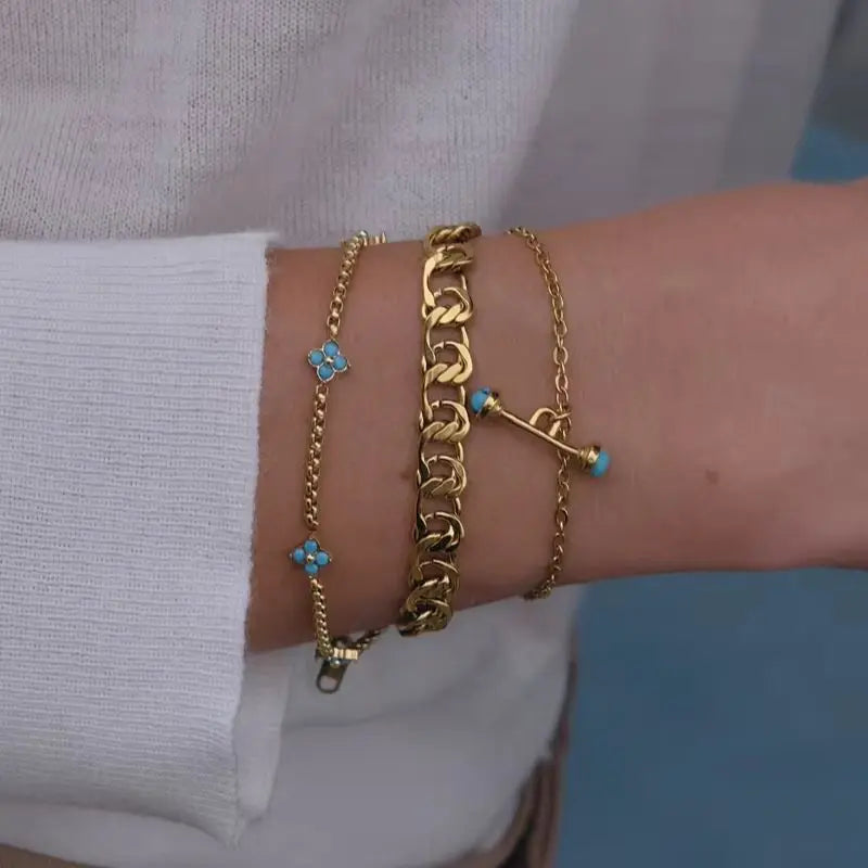 KIKA Elegant Blue Flower T Bar Charm Bracelet For Women Minimalist 18K Gold Plated Stainless Steel Bracelet Fashion Jewelry
