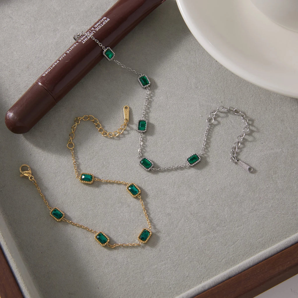 KIKA Elegant Green Zircon Chain Bracelet PVD Plated Stainless Steel 316L