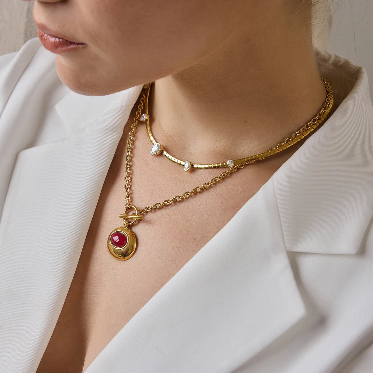KIKA Classic Red Resin Pendant Necklace  18K Gold PVD Plated Stainless Steel 316L