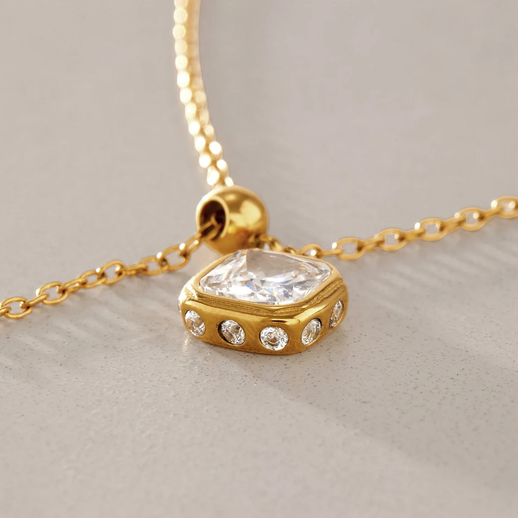 KIKA Geometric Zircon Pendant Necklace For Women Adjustable 70cm Long Chain 18K Gold PVD Plated Stainless Steel 316L