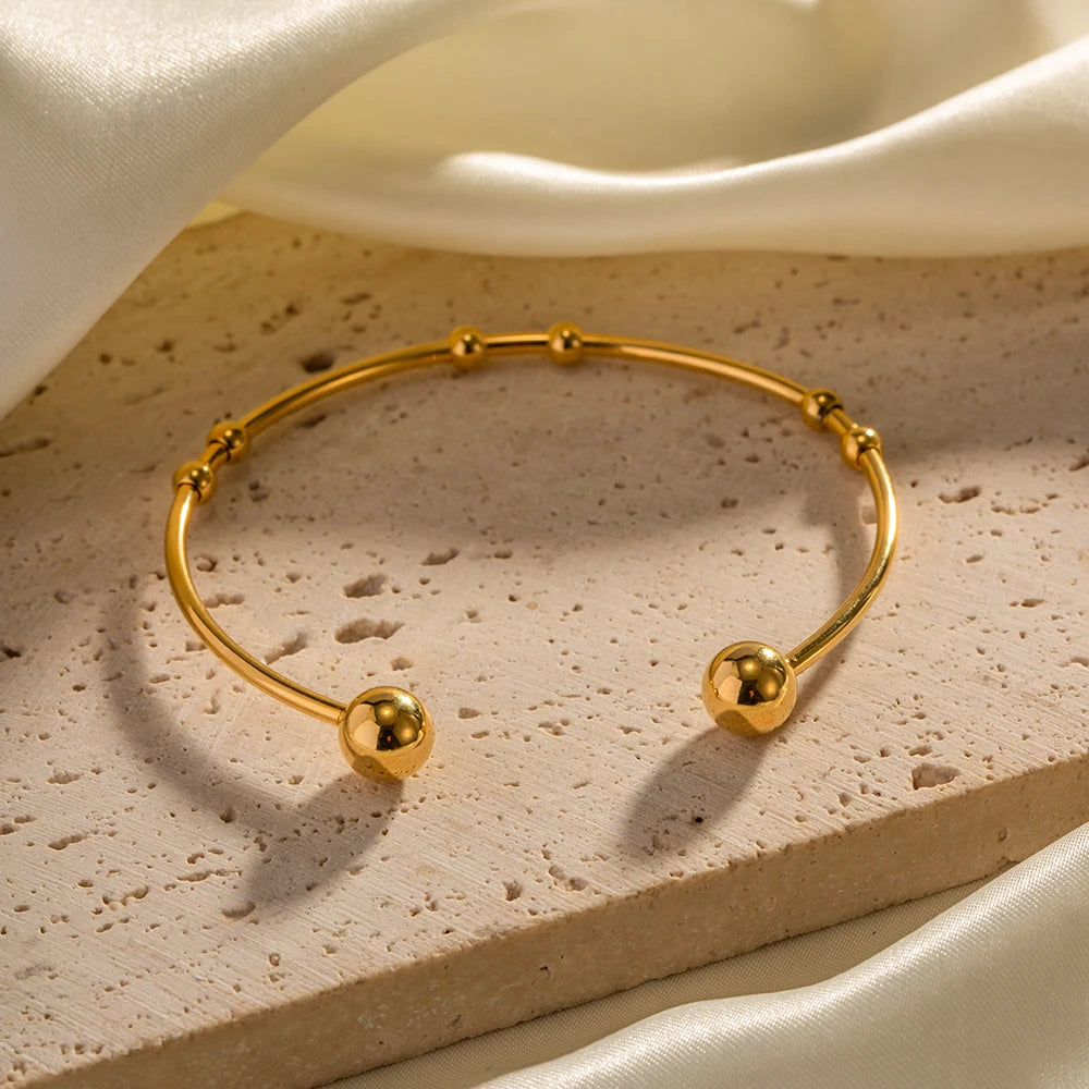 kika Fashion Jewelry 18K Gold Plated Ball Bracelets Stainless Steel Round Bead Ball Cuff Bangle