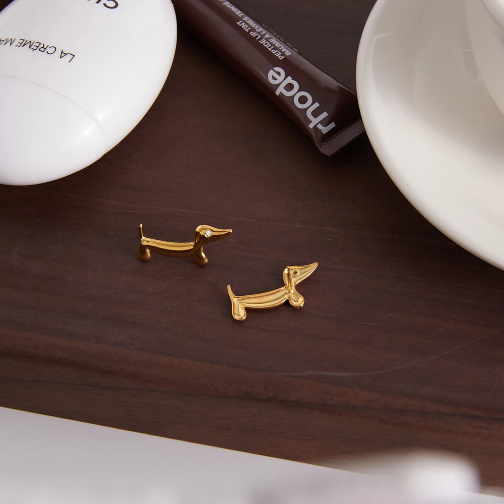 Kika White Rhinestone Sausage Dog Puppy Earrings