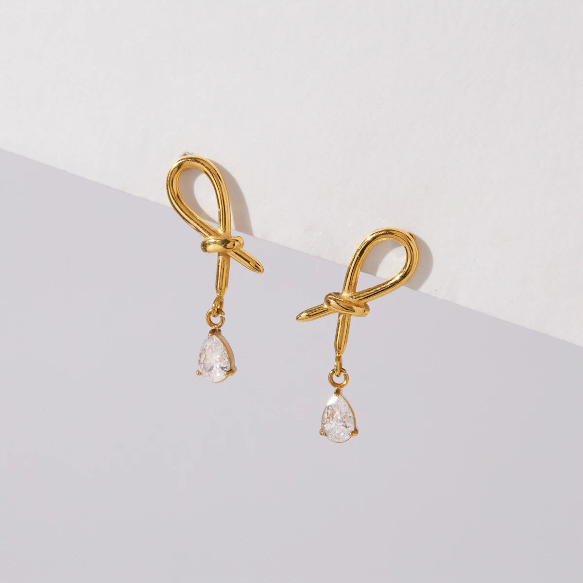 KIKA Water Drop Zircon Pendant Knotted Earrings Minimalist 18K Gold Plated Stainless Steel 316L