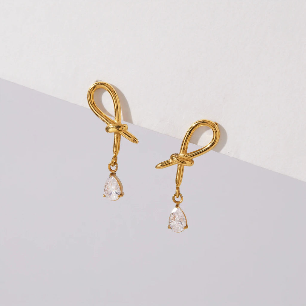 KIKA Water Drop Zircon Pendant Knotted Earrings Minimalist 18K Gold Plated Stainless Steel 316L
