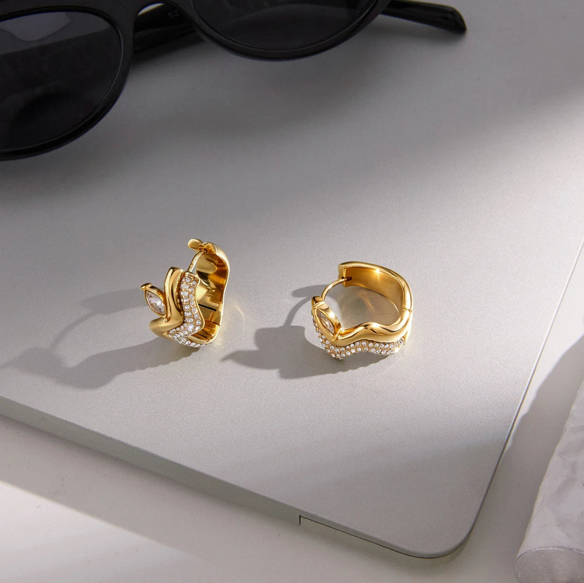 KIKA Horse Eye Shape Zircon Iced Out Wave Shape Clip Earrings PVD Plated Stainless Steel 316L