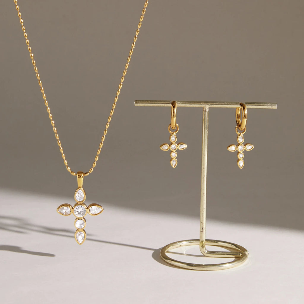 KIKA  Classic Zircon Cross Necklace Earrings  18K Gold PVD Plated Stainless Steel316L