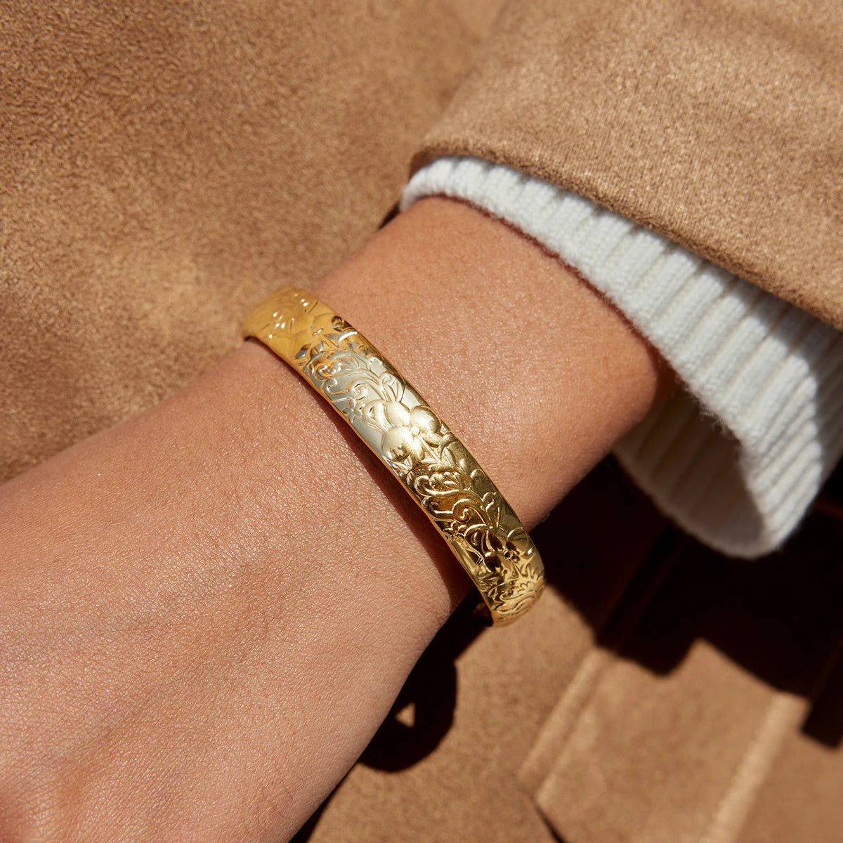 Vintage Flower Textured Open Bracelet Plated Gold Color Stainless Steel Bracelets