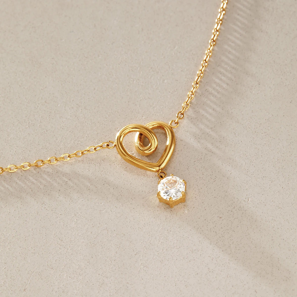 KIKA Twisted Heart Round Zircon Pendant Necklace For Women Minimalist 18K Gold Plated Stainless Steel Necklace Fashion Jewelry
