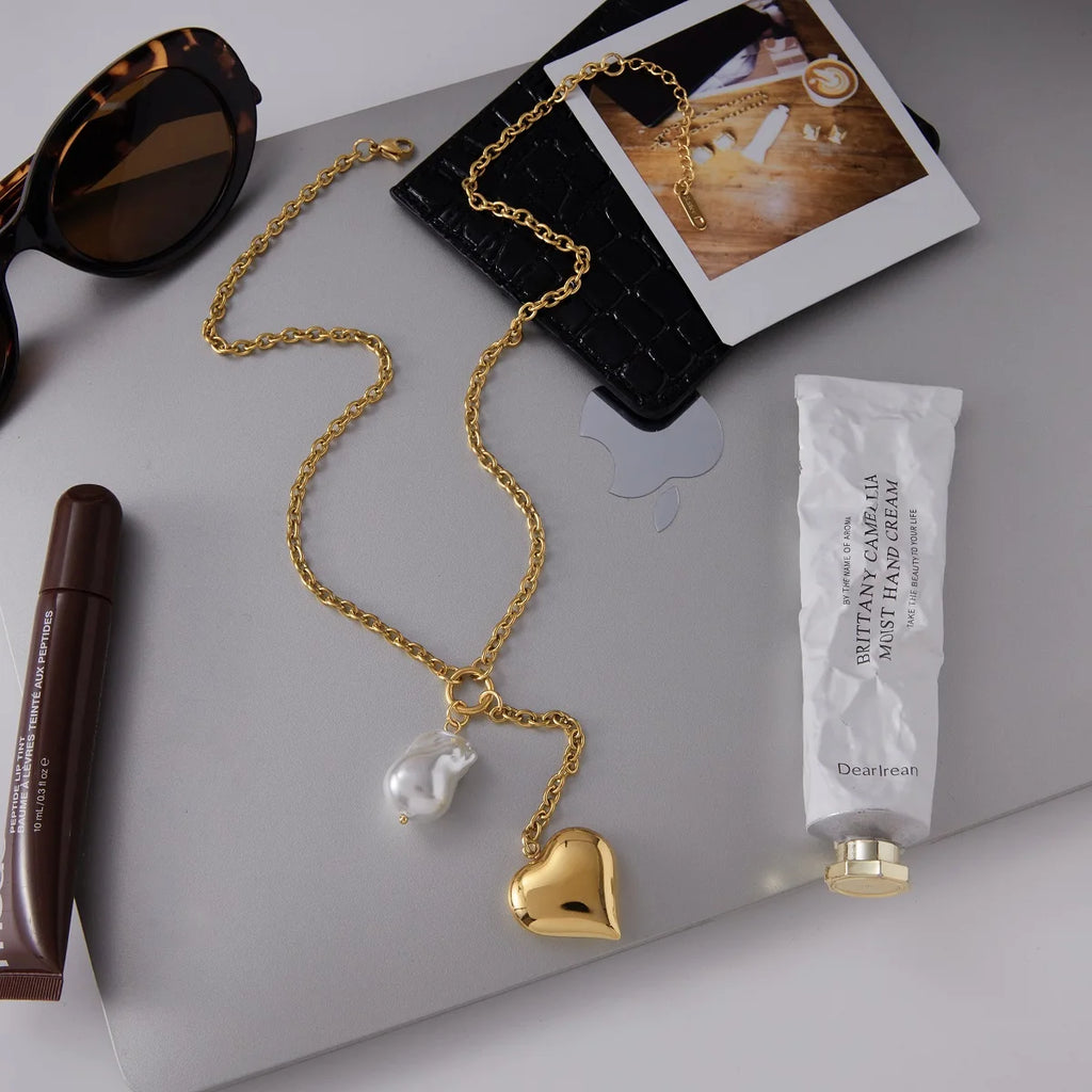 Kika Classic Trendy 18K Gold Color Plated Irregular Pearl Heart Pendant Tassel Y-Shape Necklace
