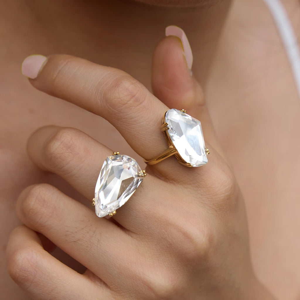 KIKA Chunky Big Crystal Glass Stone Rings PVD Plated Stainless Steel 316L