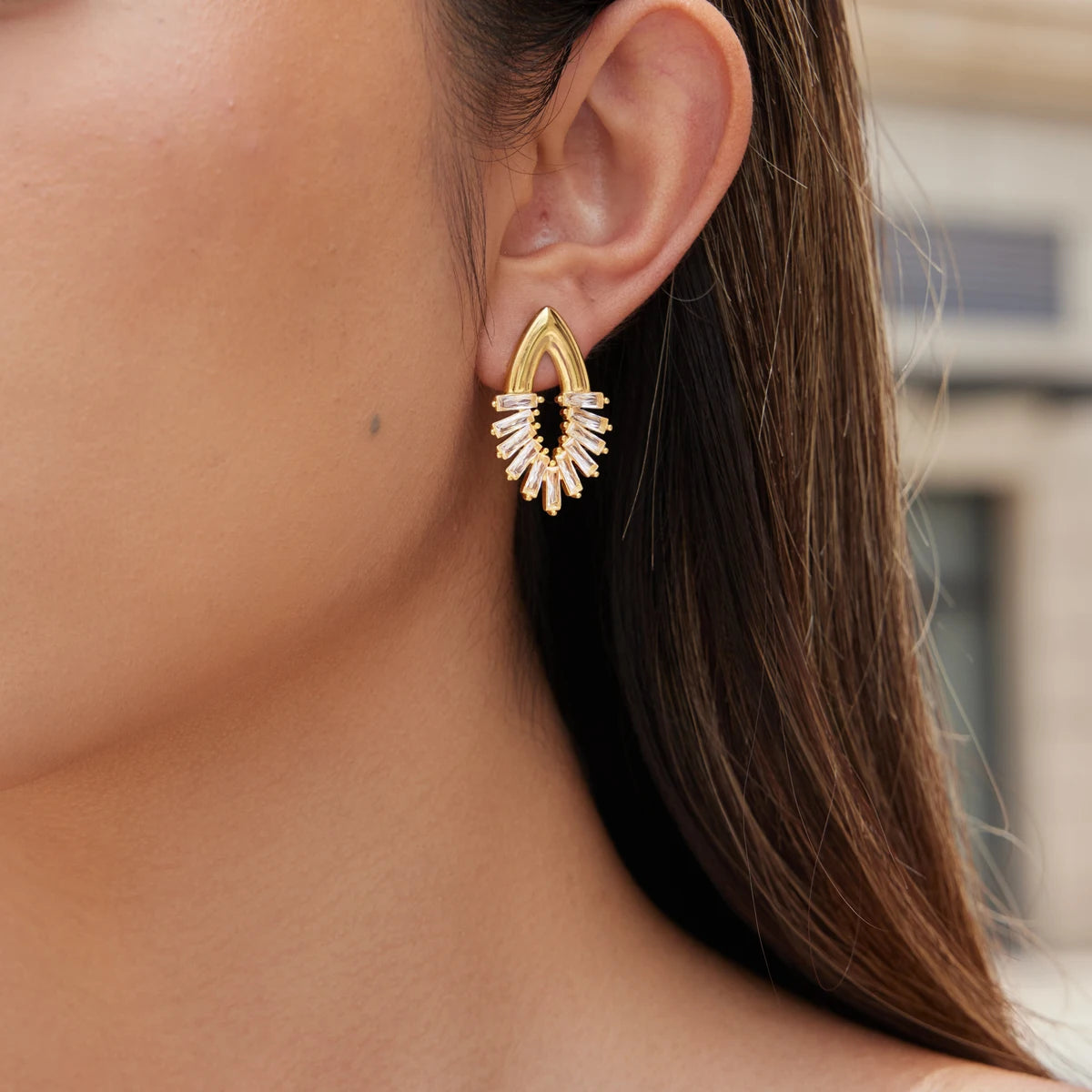 KIKA  Delicate Crystal Eye Shape Stud Earrings PVD 18K Gold Plated Stainless Steel 316L