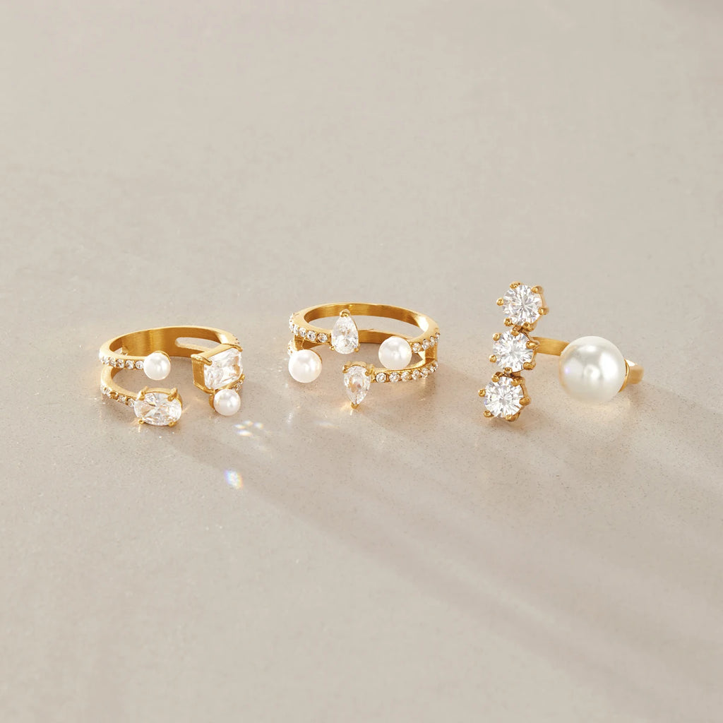 KIKA Elegant Zircon Imitation Pearl Open Rings For Women Minimalist 18K Gold Plated Stainless Steel Rings Fashion Jewelry Gift