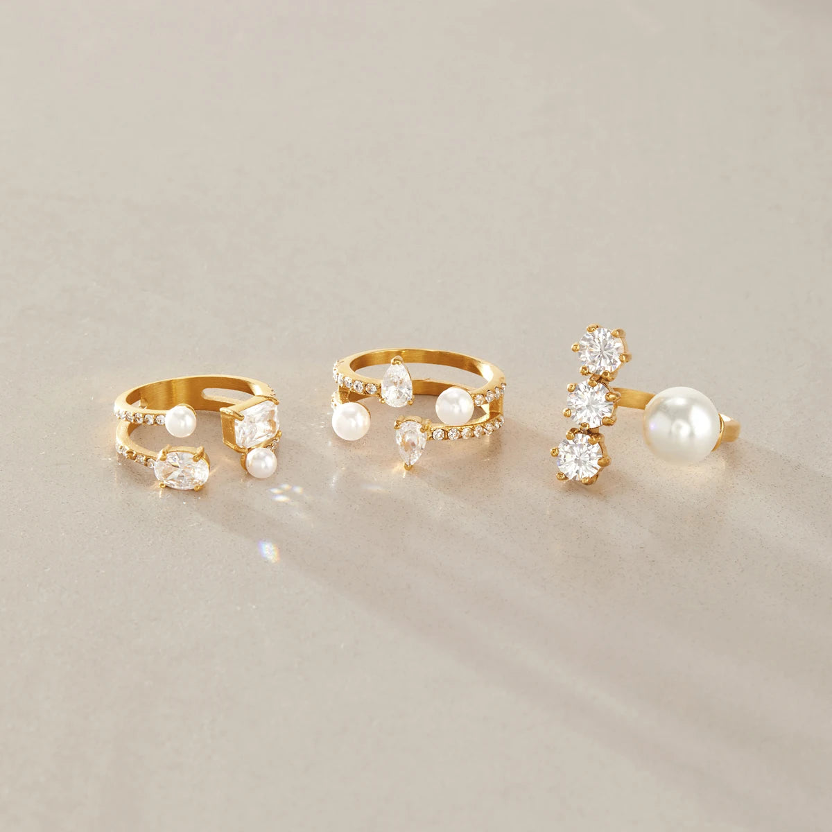 KIKA Elegant Zircon Imitation Pearl Open Rings For Women Minimalist 18K Gold Plated Stainless Steel Rings Fashion Jewelry Gift