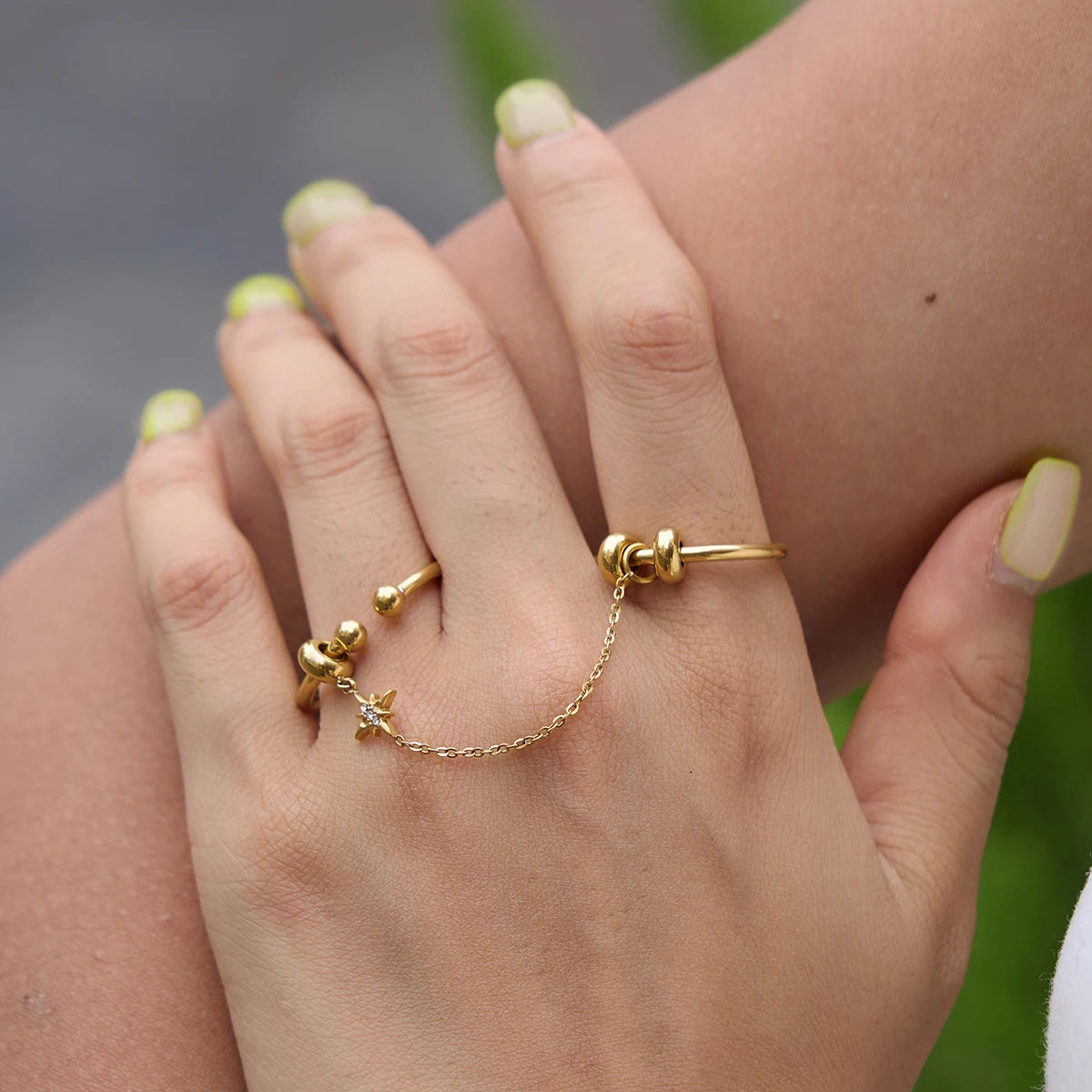 Kika Crystal Star Short Tassel Open Rings Minimalist 18K Gold PVD Plated Stainless Steel 316L